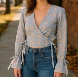 Milk It plaid wrap blouse long sleeve cotton bow detail on sides & at wrist 10